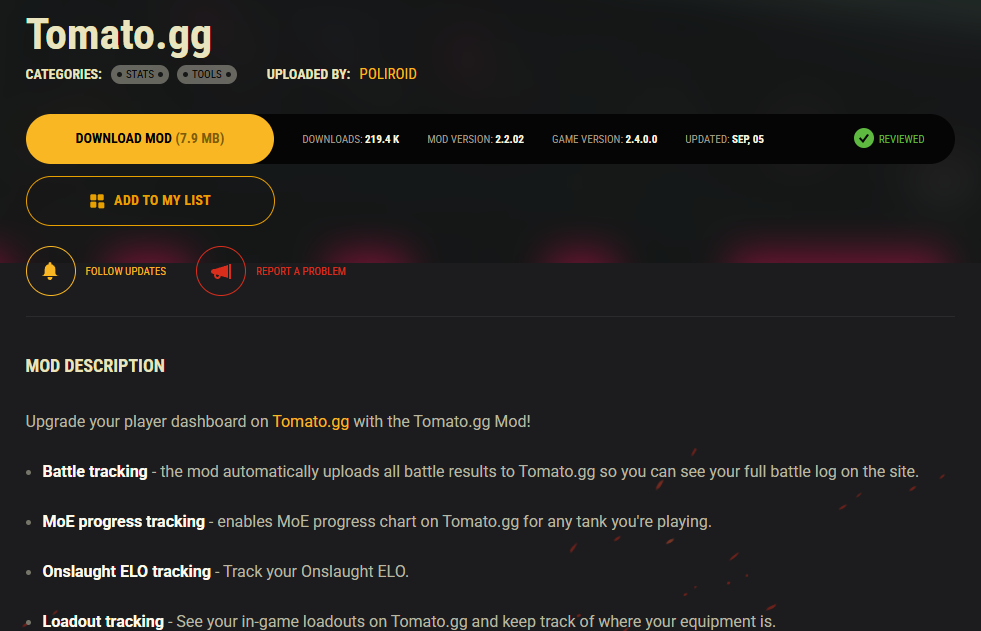 A mod page on wgmods.net with the extension's Add to my list button under the site's own Download button
